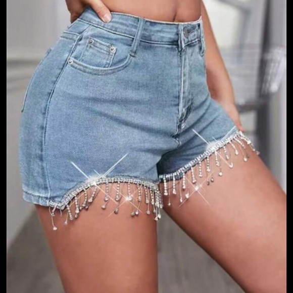 NWOT Rhinestone fringe denim shorts - Picture 10 of 14